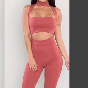 Mauve jumpsuit with choker colar
